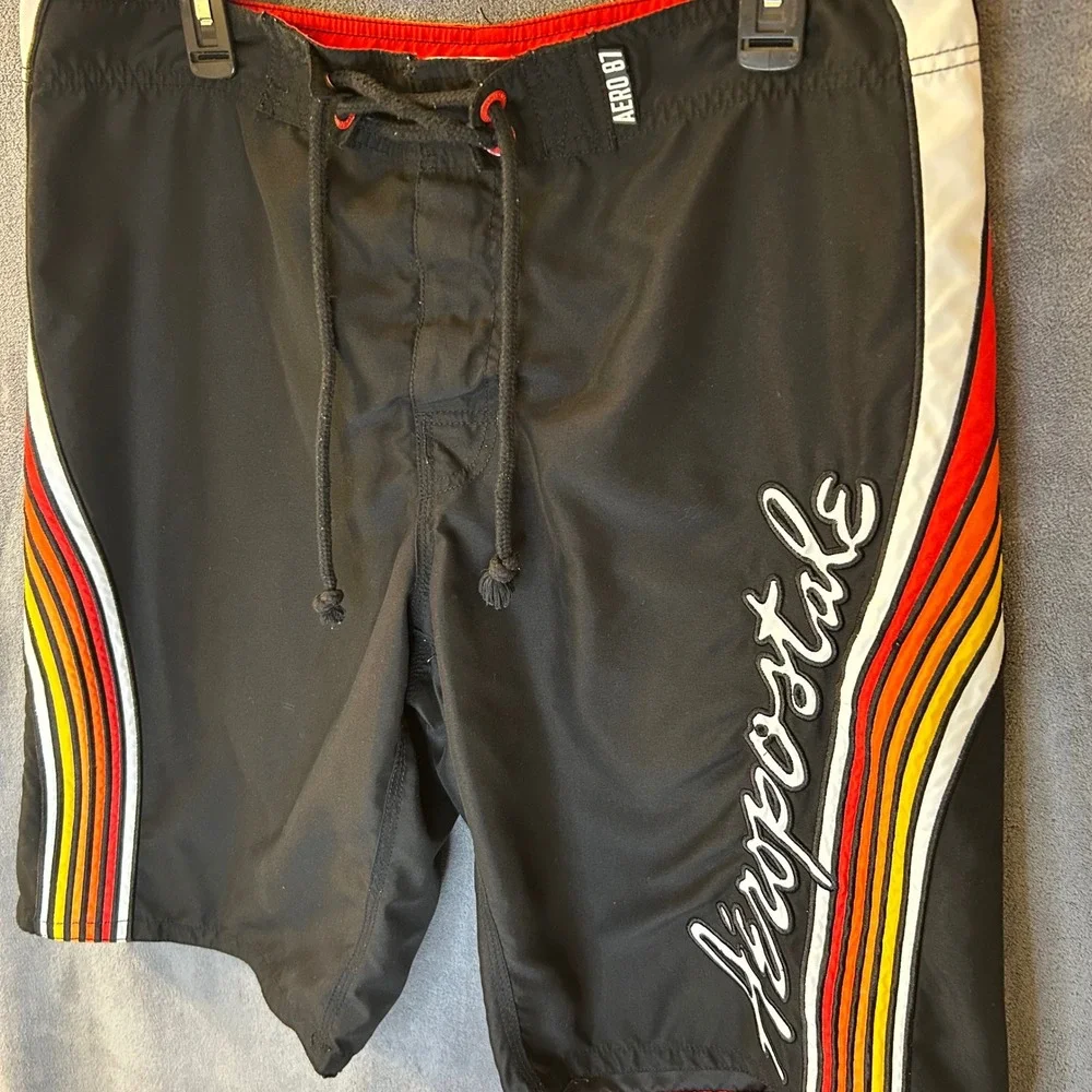 Aeropostale Mens 34W Board Shorts Sunset Stripe Black Retro Swim Trunks